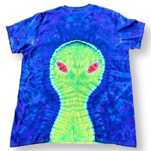 Tie dye double design UFO tractor beam and alien tshirt unisex 2XL crew blue - Picture 2 of 8